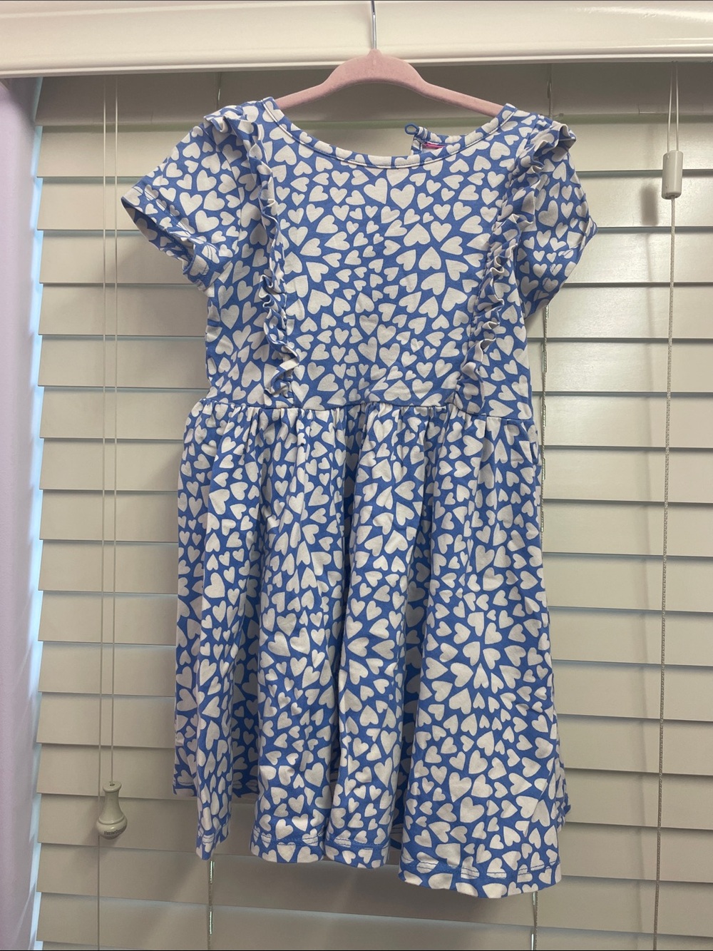 Mini Boden Blue Heart-Print Ruffle Sleeve Dress